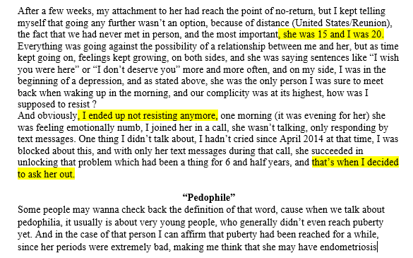 osuDramaDays's tweet photo. 0 days since osu drama

osu! tournament host Numero_Zer0e (20-years-old) posts 6,500 word doc, explaining that he dated/groomed a 15-year-old girl, admits to recieving nudes, having e-sex

then blames depression, loneliness and the girl for his actions, claims he regrets nothing https://t.co/sxQN4p49PD