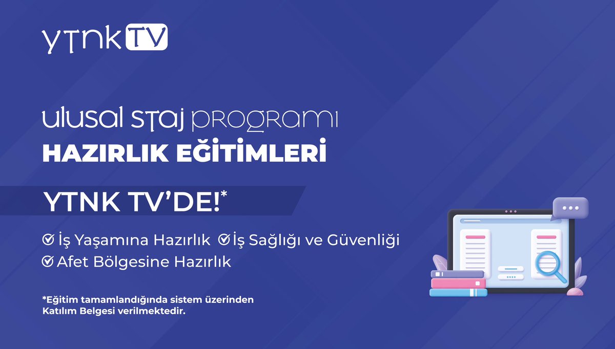 Ulusal Staj Programı Eğitimleri #YTNKTV’de! 

Staj öncesi tamamlaman gereken; İş Yaşamına Hazırlık, İş Sağlığı Güvenliği ve Afet Bölgesine Hazırlık eğitimlerini ytnk.tv üzerinden tamamlayarak katılım belgeni alabilirsin. @tccbiko <a href="/ulusalstajprg/">Ulusal Staj Programı</a>