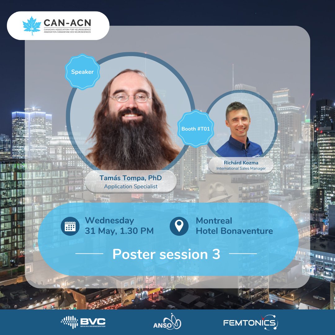 Femtonics's tweet photo. 🧠❗Be part of the 16th @CAN_ACN meeting! Tamás Tompa will present "Imaging membrane potential in 3D volumes with motion correction" at Poster Session 3! Discover #2Pmicroscopy &amp; get your questions answered by Richárd and Tamás!
📅Save the date: May 31, 1.30 PM
 @FemtonicsUSA https://t.co/2NXT9JHAKn
