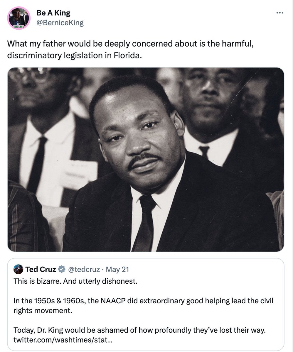 Ted Cruz says: Dr. Martin Luther King would be 'ashamed' of the NAACP’s travel advisory.  He then claimed that King would think that the NAACP "lost their way". 

Bernice King, MLK's daughter, replied: "What my father would be deeply concerned about is the harmful, discriminatory