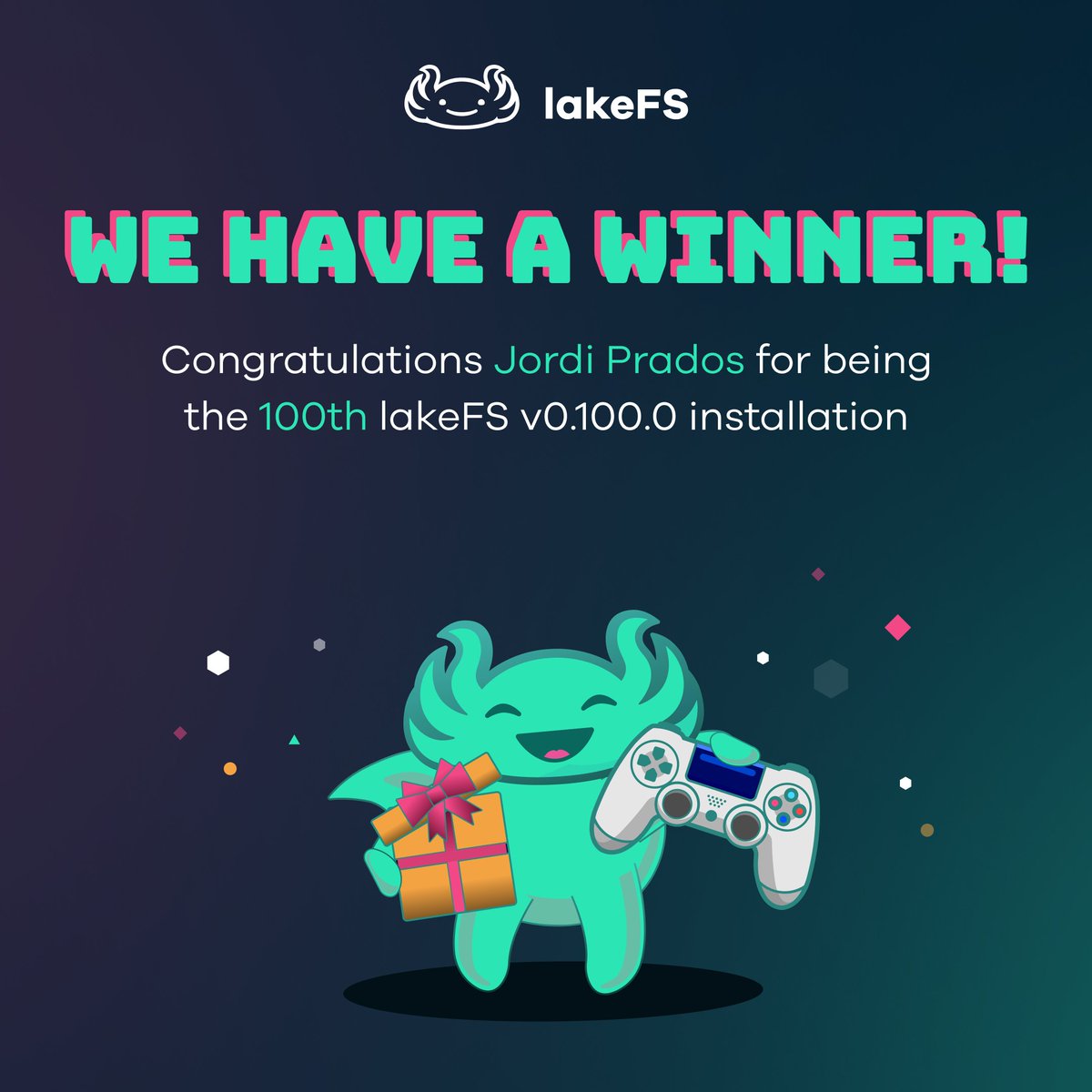 Congratulations @pradosjordi for being the 100th v0.100.0 installation 🥳 You've won 100 free days on lakeFS Cloud, tons of awesome swag and oh yeah... a PS5 🎮🤗 Looking forward to hearing your thoughts on v0.100.0 and thanks so much for contributing to @lakeFS