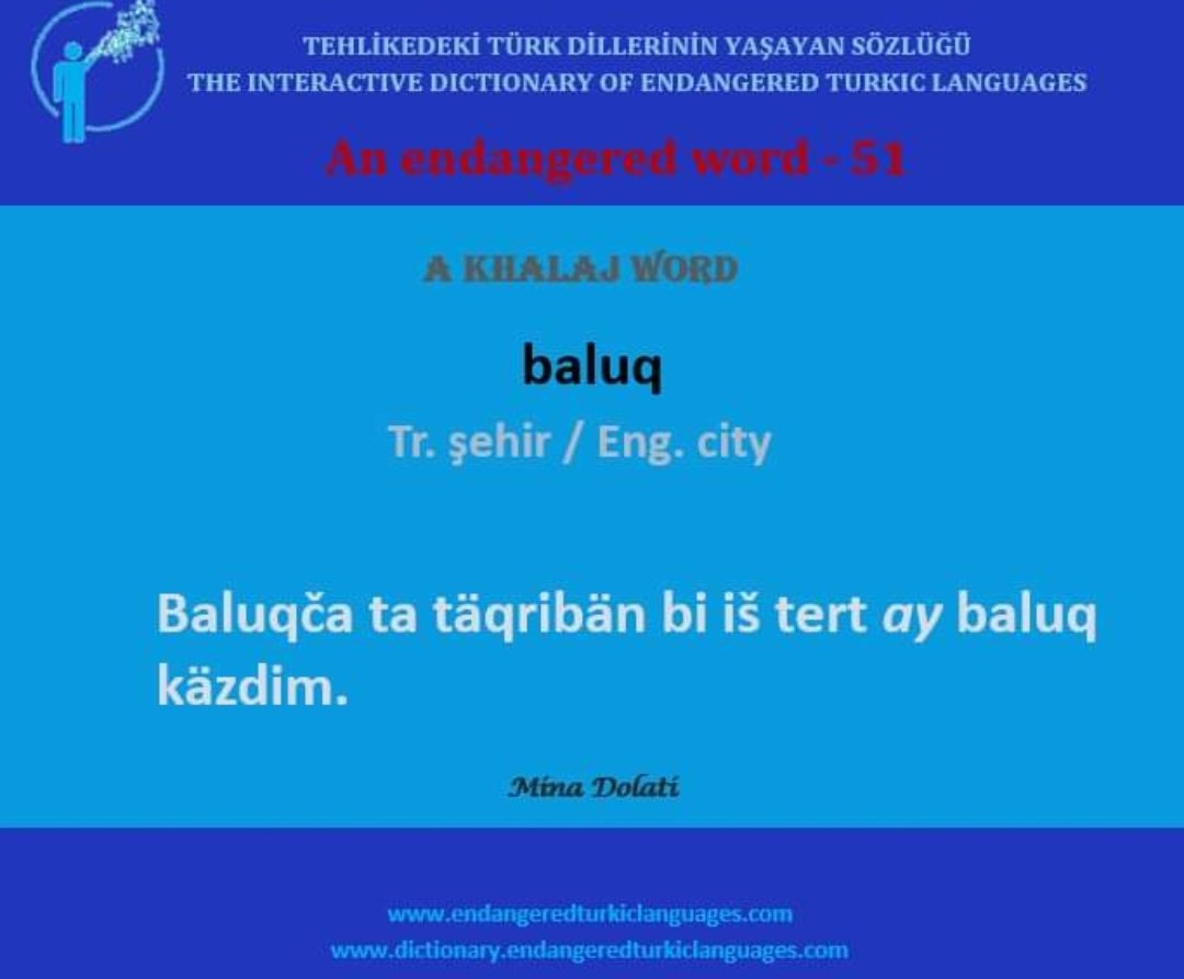 SavkCelik's tweet photo. Halaç Türkçesi bir sözcük:
Baluk "şehir"
https://t.co/rs0XI2Qxjs
#Khalaj #endangeredlanguages #UNESCO #Turkiclanguages https://t.co/OJYEKDRSIC