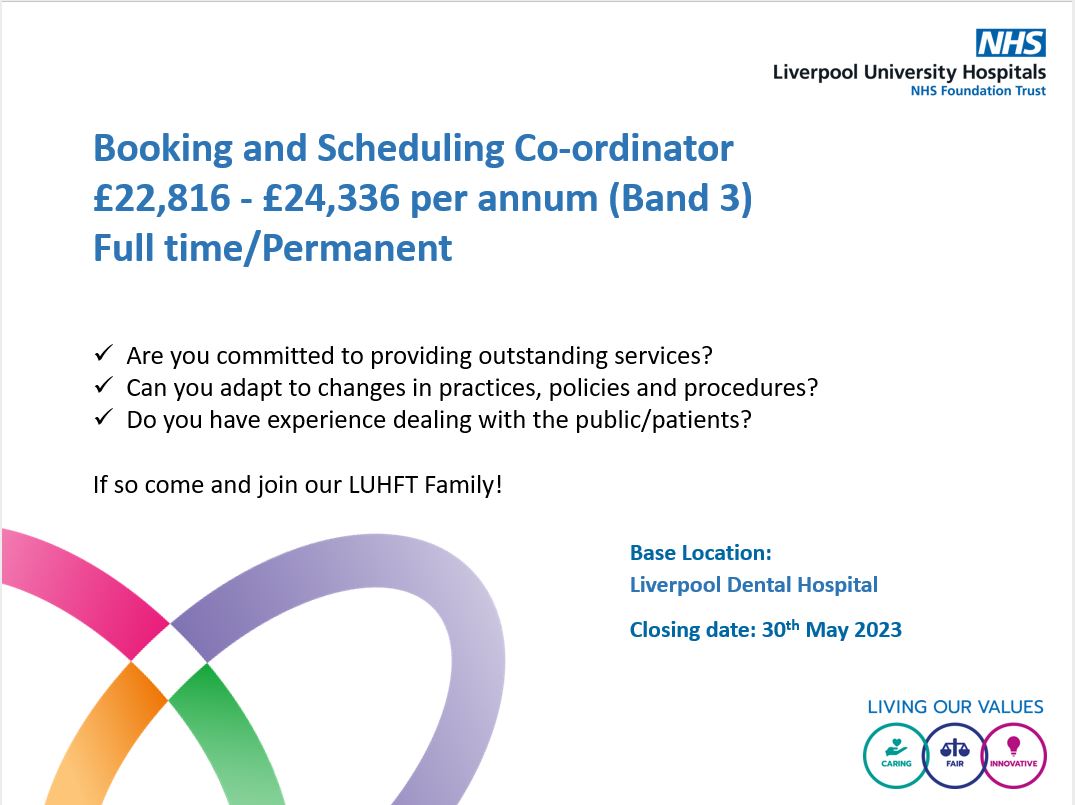 We have an opportunity available for a Scheduling &amp; Booking post holder within the Liverpool Dental Hospital.

If you have the skills, knowledge and experience required for this post then don’t delay and submit your application today via the below link!

tinyurl.com/34czhabk