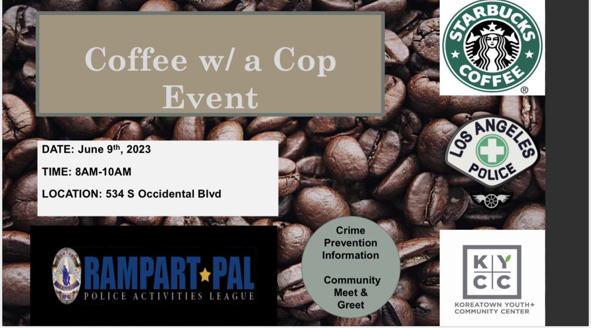 Good morning LA!  Join your <a href="/LAPDRampart/">LAPD Rampart</a> SLO officers and <a href="/LAPD_CTD/">CENTRAL TRAFFIC</a> for Coffee with a Cop on June 9th, 8am-10am at 534 S Occidental.  Grab a free cup of coffee and let’s talk crime prevention.  @LabradaAl <a href="/lapdmikeoreb/">Michael A. Oreb</a> @LAPDSTDCaptain <a href="/LAPDHQ/">LAPD HQ</a> <a href="/LAPD24MX13/">24MX13</a>