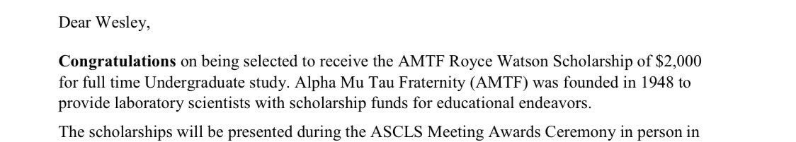 Absolutely honored and grateful to have been selected to receive the AMTF Royce Watson Scholarship from @ASCLS!