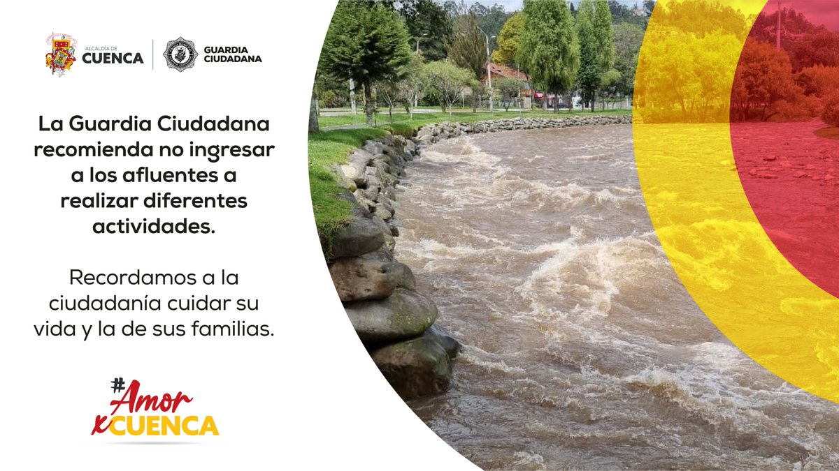 GuardiaCuenca's tweet photo. RECOMENDACIÓN

Llueve en #Cuenca, por su seguridad y la de su familia no acercarse a las orillas de los ríos.

#GuardiaCiudadana realiza patrullajes preventivos. #OrdenControlSeguridad https://t.co/co0Km0w5Eb