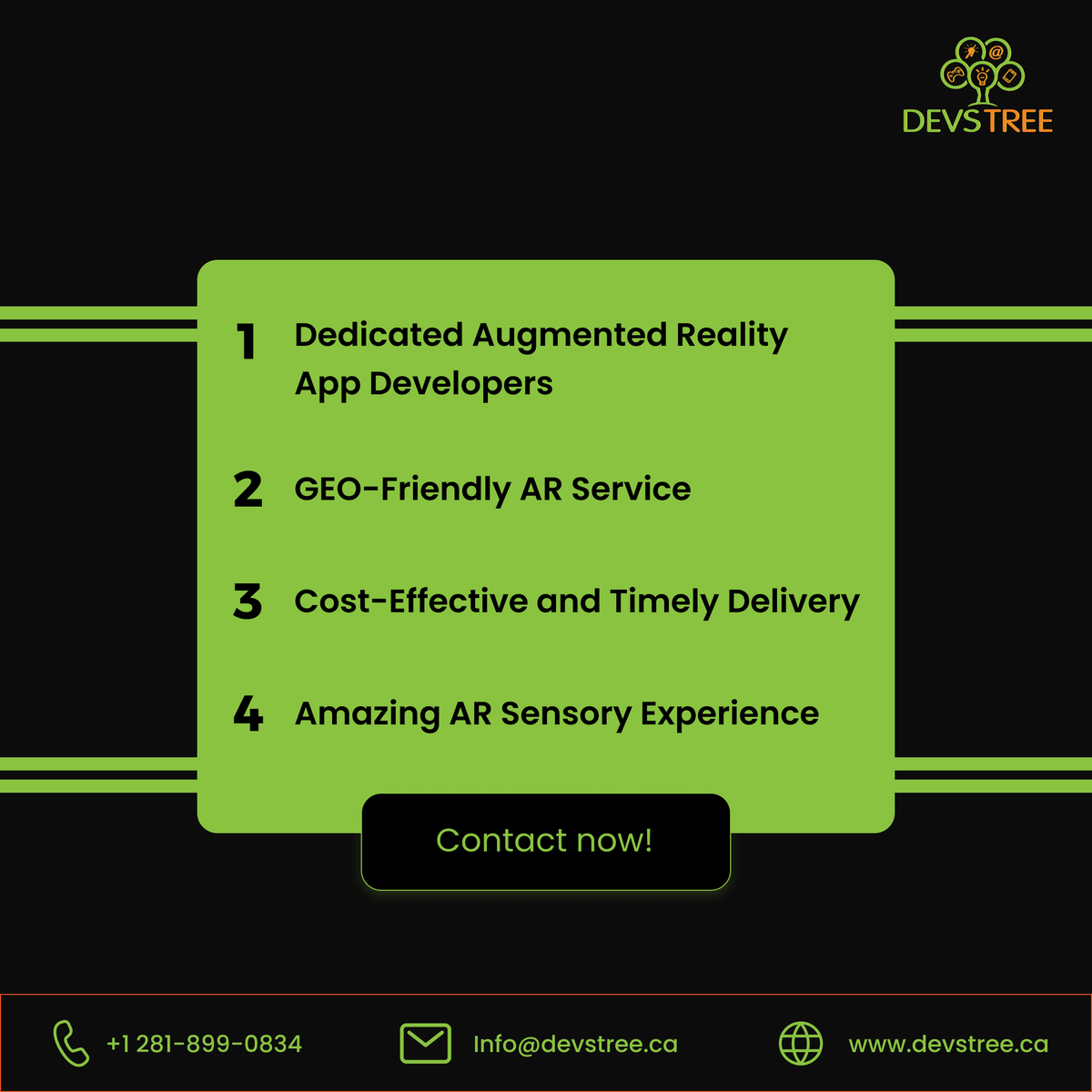 We offer a wide range of augmented reality development services, from concept to completion. 🚀 

📧 Shoot us an email at: info@devstree.ca, or give us a call at 📞+1 281-899-0834.

#AugmentedReality #AR #ARapp #ARgames #ARtechnology #ARexperience #devstree #it #canada