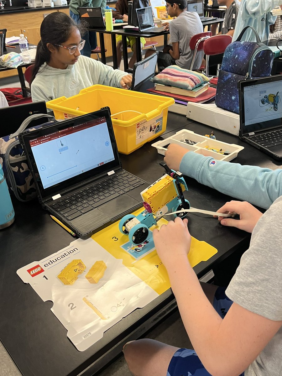 MsLaurenHaynie's tweet image. We are having so much fun using the @LEGO_Education Spike Prime sets today! Students are creating Smart Bikes to model and perform an experiment thar illustrates the transfer of energy, from electric to potential. #Sci7P21 #SalemProud #WakeMakes