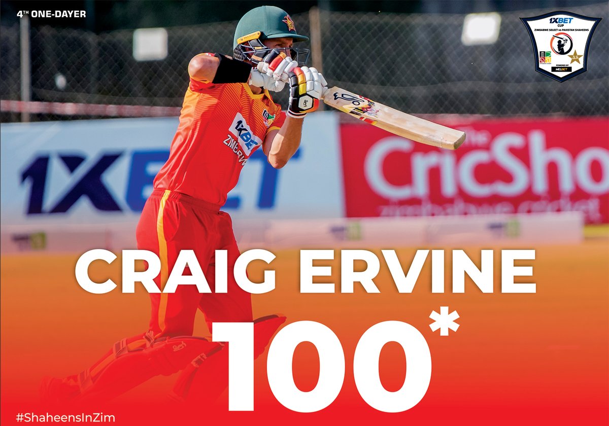 #4thOneDayer - HUNDRED! Brilliant knock from Craig Ervine, 1⃣0⃣0⃣ from 99 deliveries! 🙌

4⃣s x 12
6⃣s x 2

LIVE: 👉 shorturl.at/ehuEQ

#ShaheensInZim