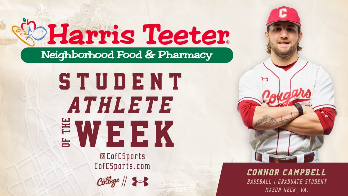 CofCSports's tweet photo. Your final Harris Teeter Athlete of the Week for 2022-2023 is @CofCBaseball's Connor Campbell!

🔗 https://t.co/gL4jeuOk1F

#TheCollege 🌴 https://t.co/IVBVzjq7oY