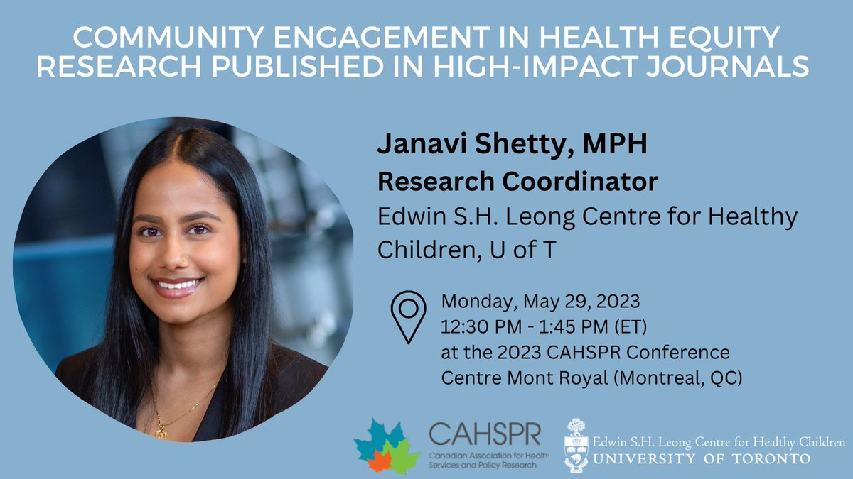 🎉Are you attending #CAHSPR23 next week❓ Join our Research Coordinator, Janavi Shetty, on May 29 for an exciting presentation about the role of #community engagement in health #equity research. It is not to be missed!