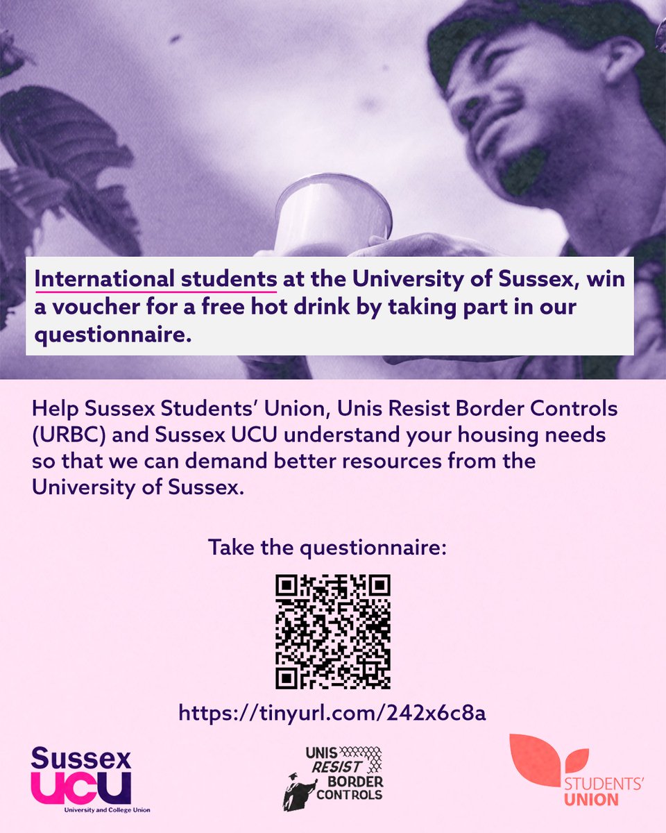 UnisNotBorders's tweet photo. 📢Calling all international students @SussexUni.
Help @USSU,@UnisNotBorders, & @sussexucu understand your housing needs so that we can demand better resources for international students.
➡️Take the questionnaire: https://t.co/vGJCwMlc4V
#GlobalExploiters https://t.co/jA9RVayKZP