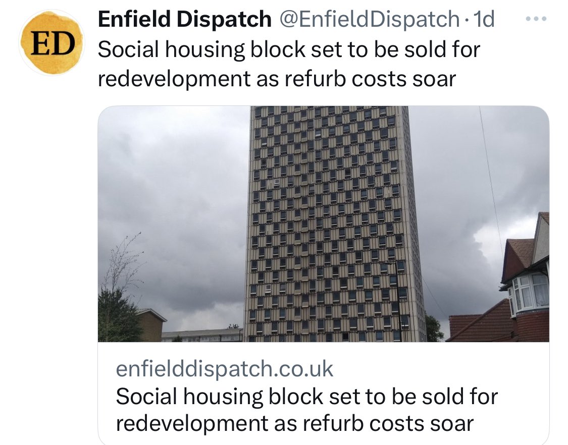 @MayorofLondon And @EnfieldCouncil has also been sitting on empty Council housing, letting it sink into disrepair and now selling off 300 social rent homes to private developers to pay off its £1 billion debt while homeless families stuck in long term hotel accom. @UKLabour pls stop the rot