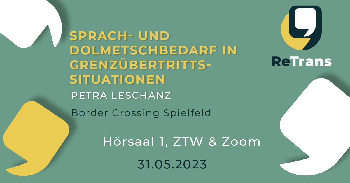 UniVieTrans's tweet photo. Dolmetschen und Sprachbedarf bei Grenzübertritten ist das Thema des nächsten #ReTransInterpreting Gastvortrags am 31. Mai. Petra Leschanz von Border Crossing Spielfeld spricht über ihre Erfahrungen.
Teilnahme vor Ort oder über Zoom: https://t.co/Z9nSww0qmX https://t.co/iZkosq2N4o
