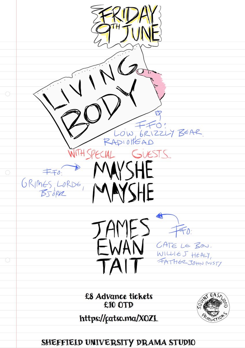 In just over two weeks I'll be playing my first gig of the year, first full band gig since last summer, and first gig with new drummer. AND it's at the University of Sheffield Drama Studio with living legends <a href="/livingbodylife/">LIVING BODY</a> and <a href="/MaysheMayshe/">Mayshe-Mayshe</a>. Forget about the arctic monkeys.