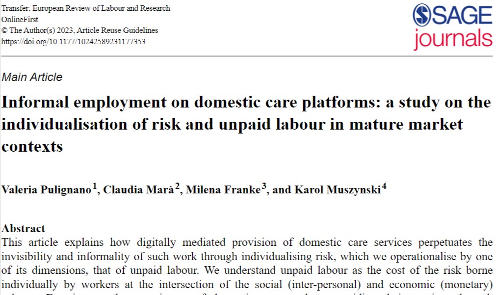 📢New publication alert! 'Informal #employment on domestic #care #platforms: a study on the individualisation of #risk and #unpaid labour in mature market contexts' on @transfer_etui. Download it here! 👉bit.ly/3MOVLGg #ResPecTMe @ERC_Research @FSW_KULEUVEN