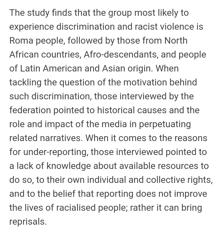 Racism di Spanyol itu nyata. Sektor yg sering disasar yaitu:
- Diskriminasi layanan dan akses fasilitas umum
- Rasisme institusional
- Konflik dan agresi bermotif rasial
- Diskriminasi dalam pekerjaan

Jadi lucu kalo bilang gak ada rasicm sedang European Commision punya datanya.