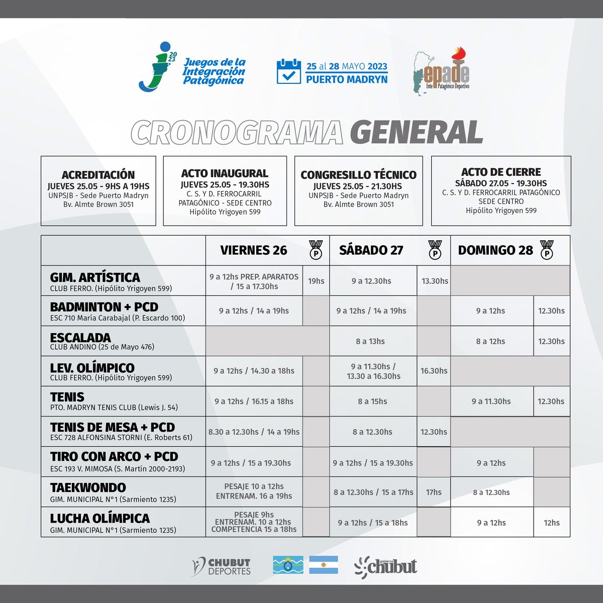 chubutdeportes_'s tweet photo. #Badminton
#JIP23 del 26 al 28 de mayo en Puerto Madryn.
Conocé el cronograma de todas las disciplinas que participan en la segunda edición de los Juegos de la Integración Patagónica.
¡Los esperamos!
#chubutdeportes https://t.co/oaFExecHp5