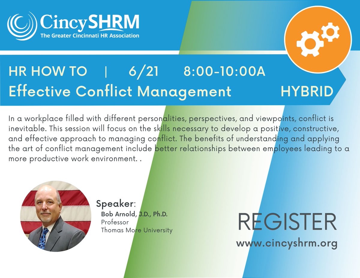 Join us as we unpack the skills to develop a positive, constructive, practical approach to managing conflict. Prof. Dr. Bob Arnold, JD of @ThomasMoreKY will present. cincyshrm.org/events/event_l…  #humanresources #conflictmanagement