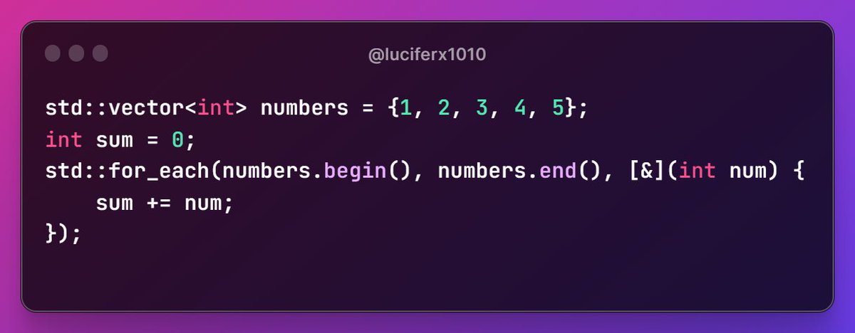 darklegionx1010's tweet image. 3️⃣ Tip 3: Utilize Lambda Expressions for Concise Code Lambda expressions in C++ allow you to define inline functions, making your code more concise and readable. They are especially useful when working with algorithms or callbacks. #LambdaExpressions #CodeConciseness
Example: