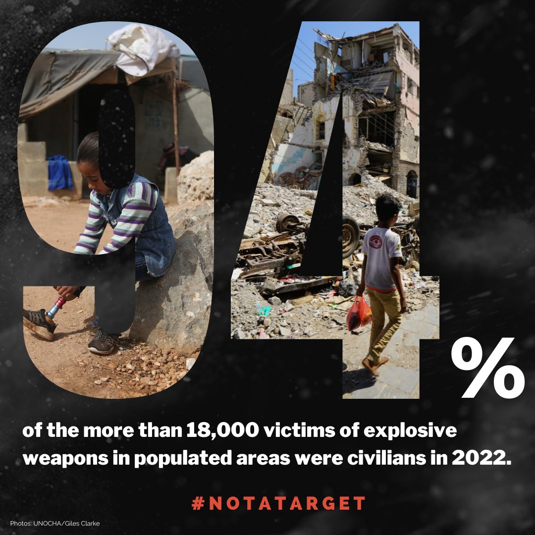 It’s been 6 months since a new political declaration was signed by over 80 States committing to restrict or refrain from using #explosiveweapons in populated areas.

@antonioguterres calls on all states to join and take meaningful action to protect civilians. #NotATarget