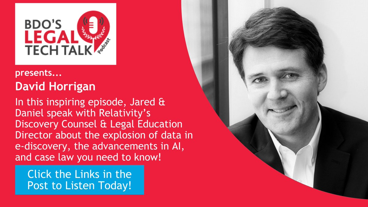 So delighted to welcome <a href="/DavidHorrigan/">David Horrigan</a>  <a href="/RelativityHQ/">Relativity</a>'s Discovery #Counsel &amp; Legal Ed Dir to <a href="/BDO_USA/">BDO USA</a>  #LegalTechTalk studio! Great chat on #bigdata #ediscovery #AI #caselaw. 
lnkd.in/gH_hPhnS
#ApplePodcast: lnkd.in/gW8_YVzK
#SpotifyPodcast: lnkd.in/gBEjxtcQ