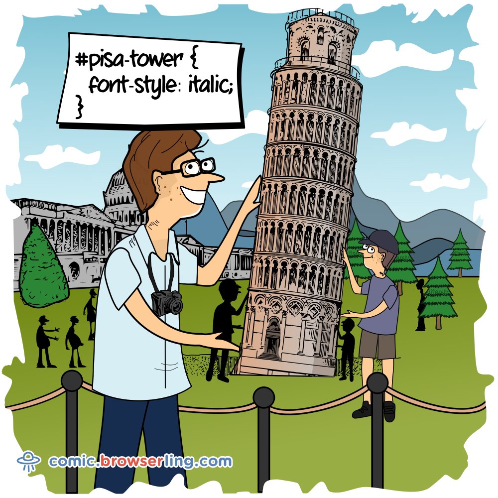 mclinuxmaxe's tweet photo. Pisa CSS pun #pisa-tower { font-style: italic; } #css #csspun #code #coding #codes https://t.co/rNvtgG0DPU