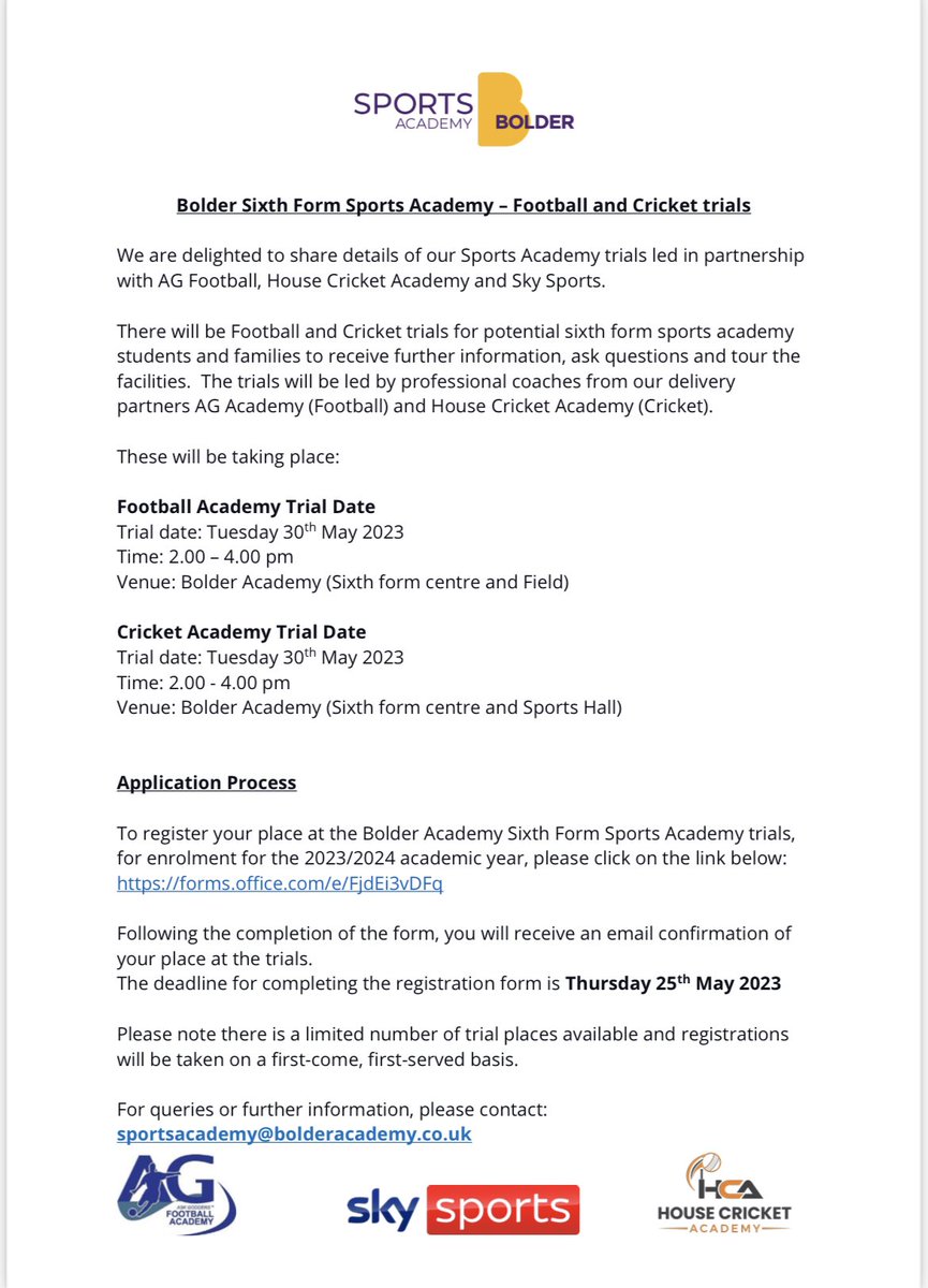 Bolder Academy - Sport and community use (@boldercommunity) on Twitter photo Delighted to confirm <a href="/finnysteve/">Steven Finn</a> will be making a guest appearance for our Bolder 6th form Cricket and Football Academy trials day.
Date: Tuesday 30th May
Time: 2-4pm
<a href="/SkySports/">Sky Sports</a>
For more information and to register please go to our school website:
bolderacademy.co.uk/about-us/our-v… Delighted to confirm <a href="/finnysteve/">Steven Finn</a> will be making a guest appearance for our Bolder 6th form Cricket and Football Academy trials day.
Date: Tuesday 30th May
Time: 2-4pm
<a href="/SkySports/">Sky Sports</a>
For more information and to register please go to our school website:
bolderacademy.co.uk/about-us/our-v…