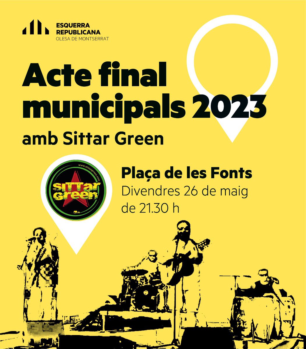 esquerraolesa's tweet photo. No et perdis el nostre acte final de campanya!! Vine a gaudir del concert de @sittargreen amb nosaltres. Divendres a les 21:30 a la Plaça de les Fonts d’Olesa de Montserrat. T’hi esperem!!! https://t.co/hLdcCsFPPT