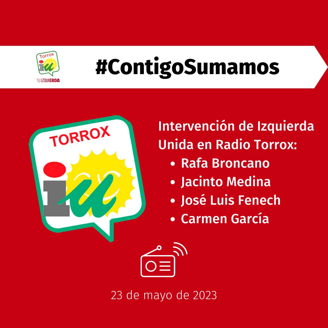 📻 Aquí os dejamos el enlace donde podéis escuchar la intervención de Rafa Broncano, Jacinto Medina, José Luis Fenech y Carmen García en <a href="/RadioTorrox/">Radio Torrox</a> de hoy 23 de mayo. 

➡️ ftp.torrox.es/radio/2023/05.… 

➕#ContigoSumamos #RafaBroncanoAlcalde #VotaIUTorrox #IUTorrox #ElMorche #28M