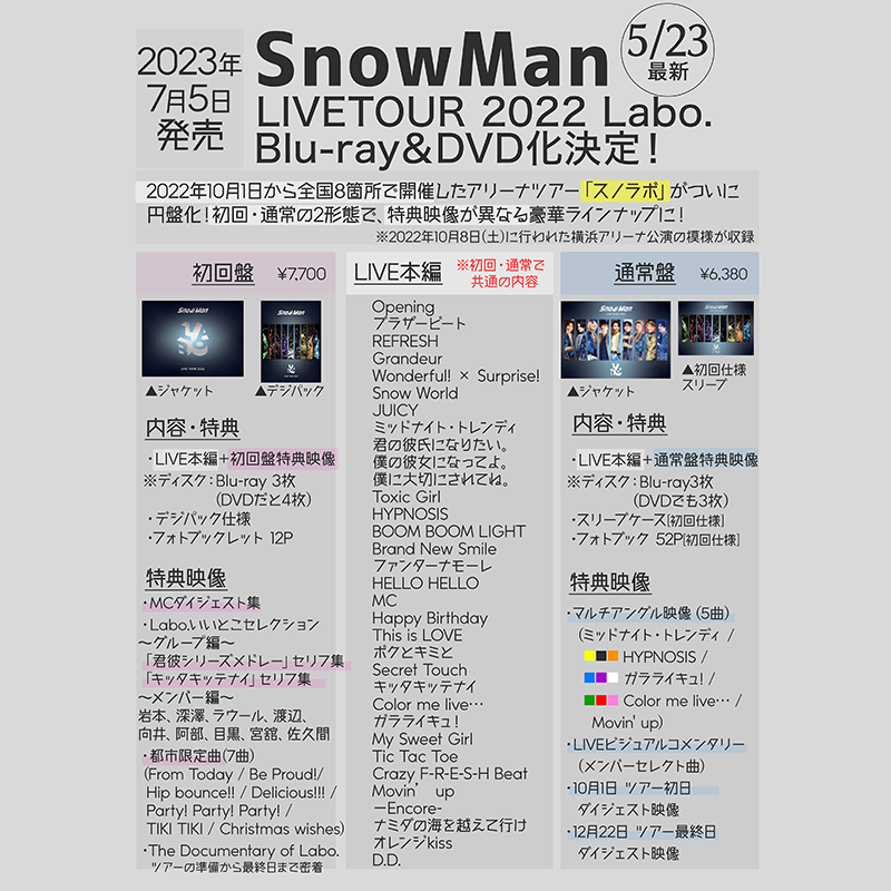 asu_media's tweet photo. ＼📀⛄️／
「Snow Man LIVE TOUR 2022 Labo.」
スノラボLIVE Blu-ray＆DVD

2023/7/5発売
🔴初回盤…君彼セリフ集、都市曲、MC
🔵通常盤…ユニット曲等マルチアングル

▼Amazon
https://t.co/y6QBNvqOoA

▼楽天
https://t.co/fSThNbtd3s

⛄️
#SnowMan #スノラボ #SnowLabo #SnowManLIVETOUR2023Labo