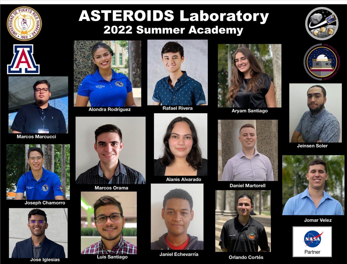 OAuprh's tweet image. 👇 Meet the students of the ASTEROIDS Laboratory 2022 Summer Academy! 👏 Le presentamos al grupo de estudiantes subgraduados de Puerto Rico que participaron el verano pasado de la Academia de Verano del Asteroids Laboratory junto con estudiantes de la Universidad de Arizona #UPRH