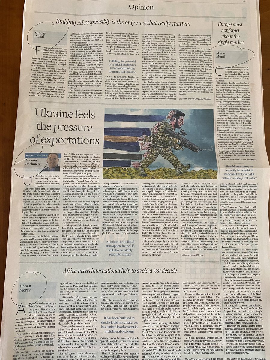Sometimes print still totally aces it - an ⁦<a href="/FT/">Financial Times</a>⁩ oped page for the ages: ⁦<a href="/sundarpichai/">Sundar Pichai</a>⁩ on AI ⁦<a href="/SenatoreMonti/">Mario Monti</a>⁩  the single market ⁦⁦<a href="/HananMorsy14/">Hanan Morsy</a>⁩ African debt &amp; ⁦<a href="/gideonrachman/">Gideon Rachman</a>⁩ on Ukraine. Bravo ⁦@AliceFishburn⁩ ⁦⁦<a href="/Jderbyshire/">Jonathan Derbyshire</a>⁩