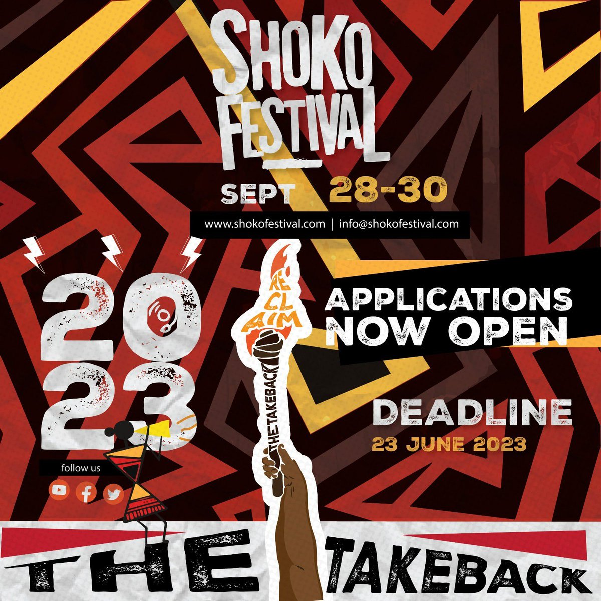 Shoko Festival 2023 will be held from 28th - 30th of September under the theme : #TheTakeBack

Applications are now  open and will be closed on the 23rd of June 2023. 

You can apply via this link : docs.google.com/forms/d/e/1FAI…

SHARE !!