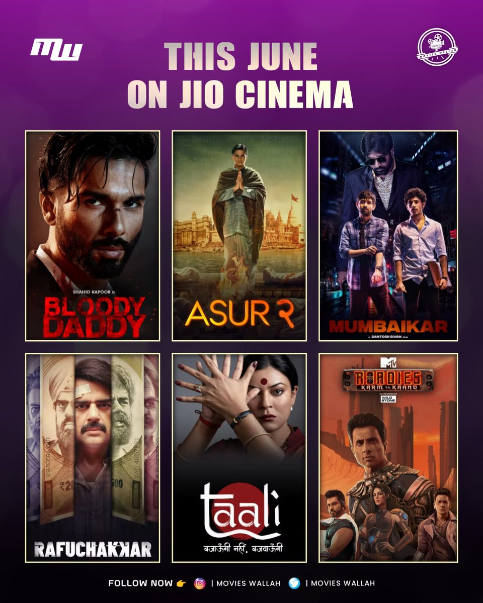 This June on @JioCinema 🔥💥!!

#ShahidKapoor 's #BloodyDaddy

#ArshadWarsi & #BarunSobti 's #AsurSeason2

#VijaySethupathi #VikrantMassey #RanvirShorey 's #Mumbaikar

#ManieshPaul 's #Rafuchakkar

#SushmitaSen 's #Taali

 #BigBossOTT S2