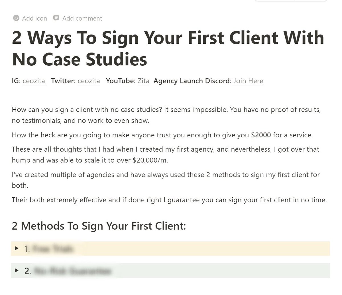 Are you struggling to sign your first client with no case studies?

Use these 2 powerful methods to sign your first client in the next 14 days.

Like, RT and Comment "case" and I'll DM this guide to you.

(must be following)