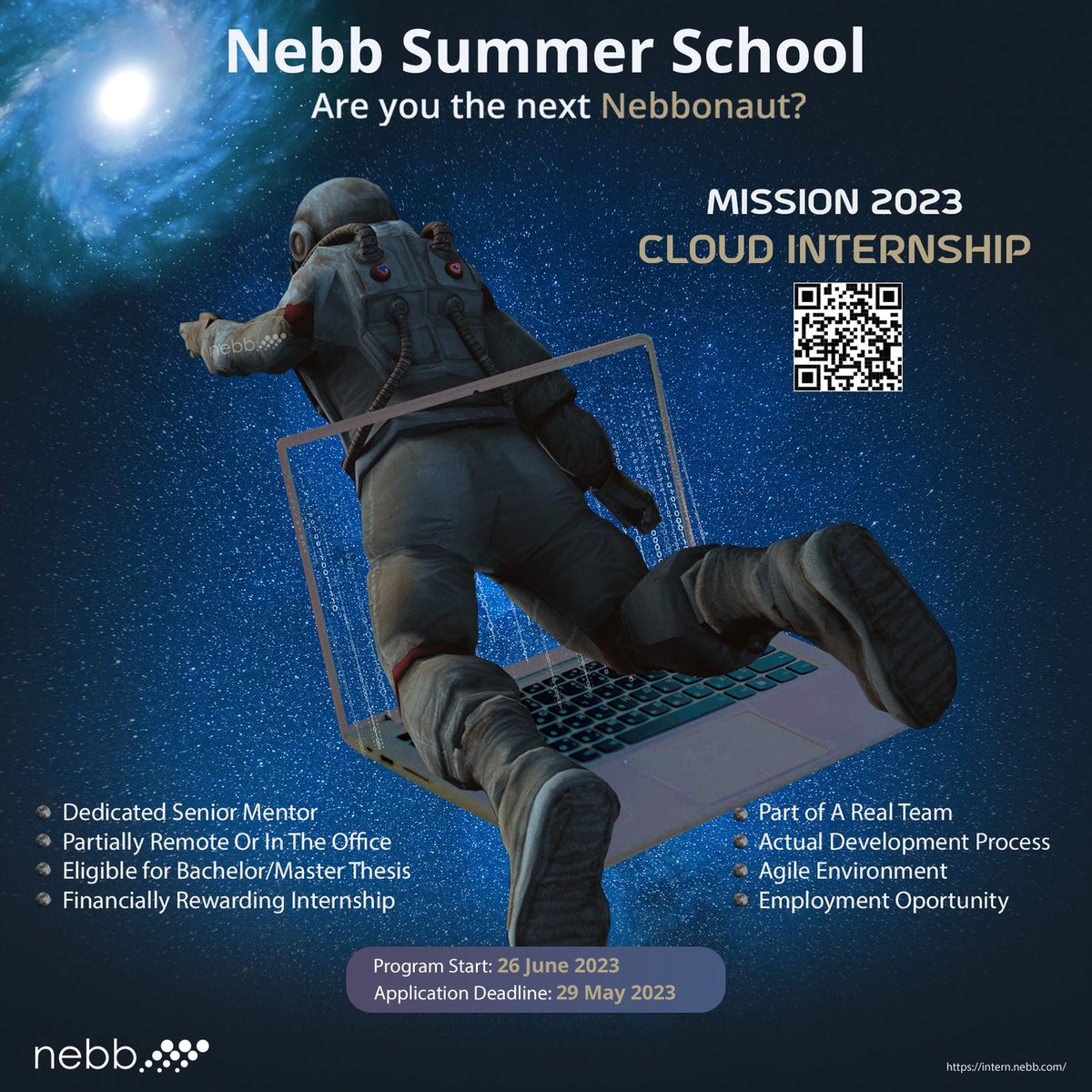 Nebbonauts - Mission 2023!
We are looking forward to the Nebbonaut Summer School: Mission 2023 in Skopje!
This year we are looking for candidates for the following:
Cloud Development Internship with two flavours (DevOps and UI)
hubs.ly/Q01QSFM50
