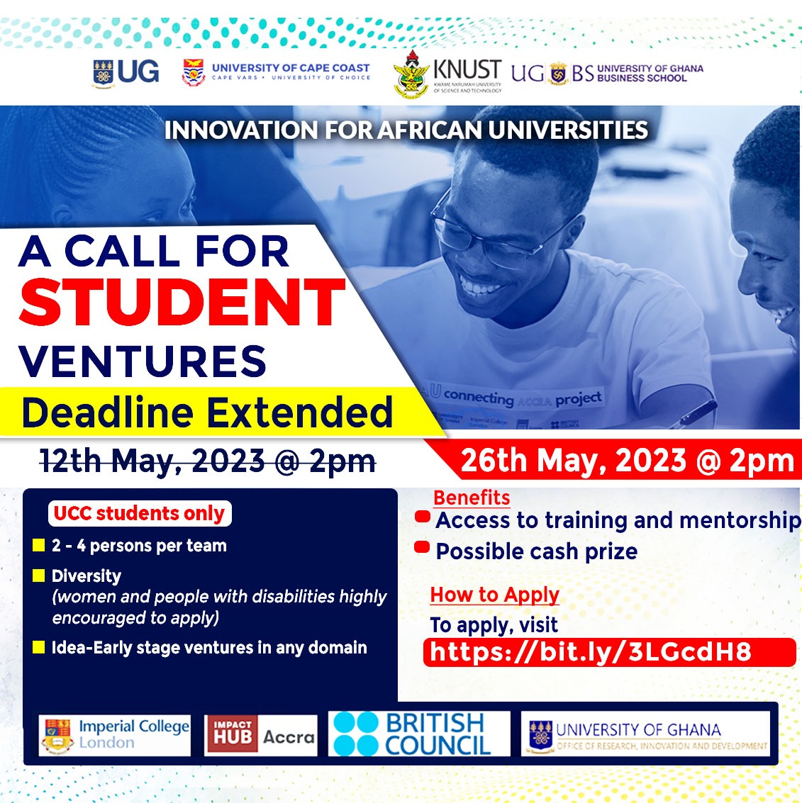 Good News! The deadline for the IAU Connecting Accra Project applications has been extended to the 26th of May 2023.
Apply to participate in the IAU Connecting Accra Project using the link below:
bit.ly/3LGcdH8
 
Grab this opportunity and make it known to all.