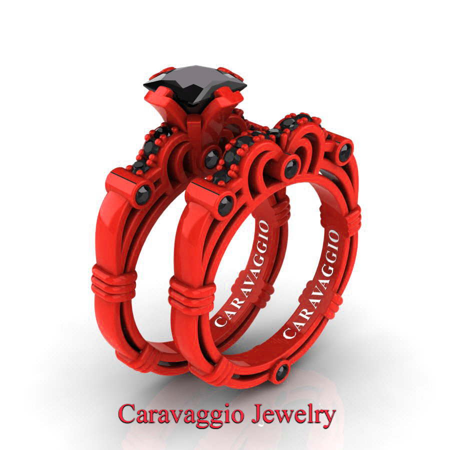 Exclusive #SS18 💎 caravaggiojewelry.com/?p=361906 Caravaggio London 14K Red Gold 1.25 Ct Princess Black #Diamond Engagement Ring Wedding Band Set R623PS-14KREGBD at Caravaggio™ Jewelry