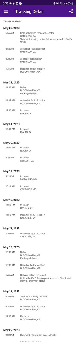 Timchi's tweet photo. @FedEx @FedExHelp serious question, what the fuck are you all doing over there? Because it clearly isn't delivering packages. It was 1.5 hours away and you managed to make that 11 fucking days then did fuck all to fix it. https://t.co/43MqLocKEs