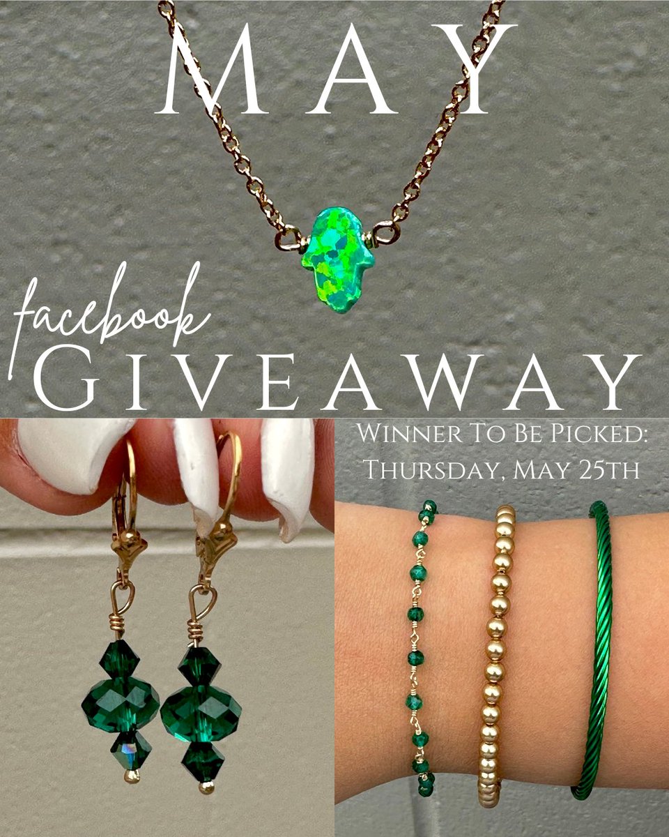 Caleena's tweet photo. MAY FACEBOOK CONTEST!💚

To enter, you must: 
-Like, Share, and Comment on this post
-Follow “Caleena &amp; Co.” Facebook Page 

This month’s contest includes:
•Emerald Metallic Twister Rope Cuff
•16" Gold Filled Kiwi Mini Hamsa Necklace
•8" BG Pearl Birthstone Bracelet
•YGF Gre https://t.co/eLas1sEgtK