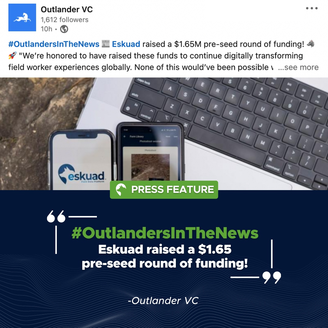Eskuadcom's tweet photo. #OutlandersInTheNews - we wanted to give a huge thank you to @outlandervc and @blainerdavis for leading our $1.65M pre-seed round of funding! 🚀
Thank you for believing in our mission and supporting us! 🐺
Read more about our fundraise here: https://t.co/4kxM5TyDmk
#GoEskuad https://t.co/TGOgfRyFC1