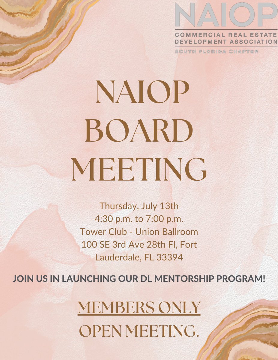 Remember to register for our  Annual Open Board Meeting Thursday, July 13th!

Take an evening off to meet with other NAIOP Members while enjoying cocktails &amp; views at Fort Lauderdale Tower Club🍸😎

members.naiopsfl.org/ap/Events/Regi…

#conversationsandcocktails #sfldevelopers #cre