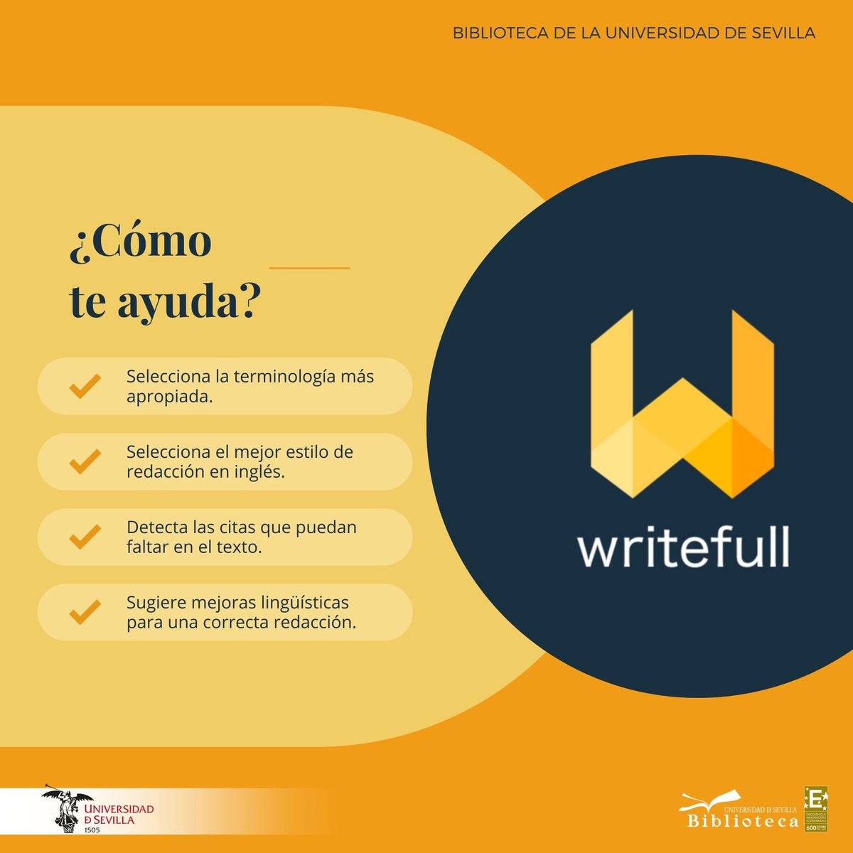 Biblioteca_US's tweet photo. ¿Conoces #Writefull? ¿Sabes que tienes acceso desde el catálogo Fama? Y sabes que te ayuda a mejorar tus textos en inglés, detecta citas y te ofrece mejoras lingüísticas?
Accede https://t.co/PF3X4jK2A3 @unisevilla @InvestigaUS @twitCADUS #todosonventajas #recursos #escritura https://t.co/sNbDzONa7m