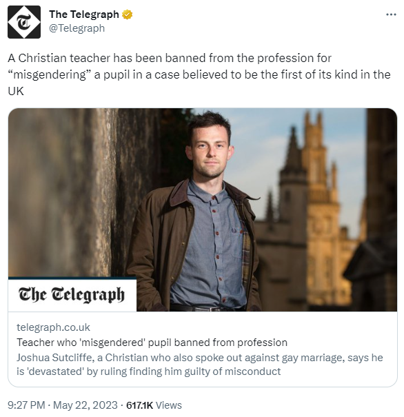 This headline is an outright, objective lie.

The teacher was fired after offenses including breaching safeguarding rules, harassing Jews, and telling students gay people and abortion were "abominations".

Some of these facts are mentioned in the article… hidden behind a paywall