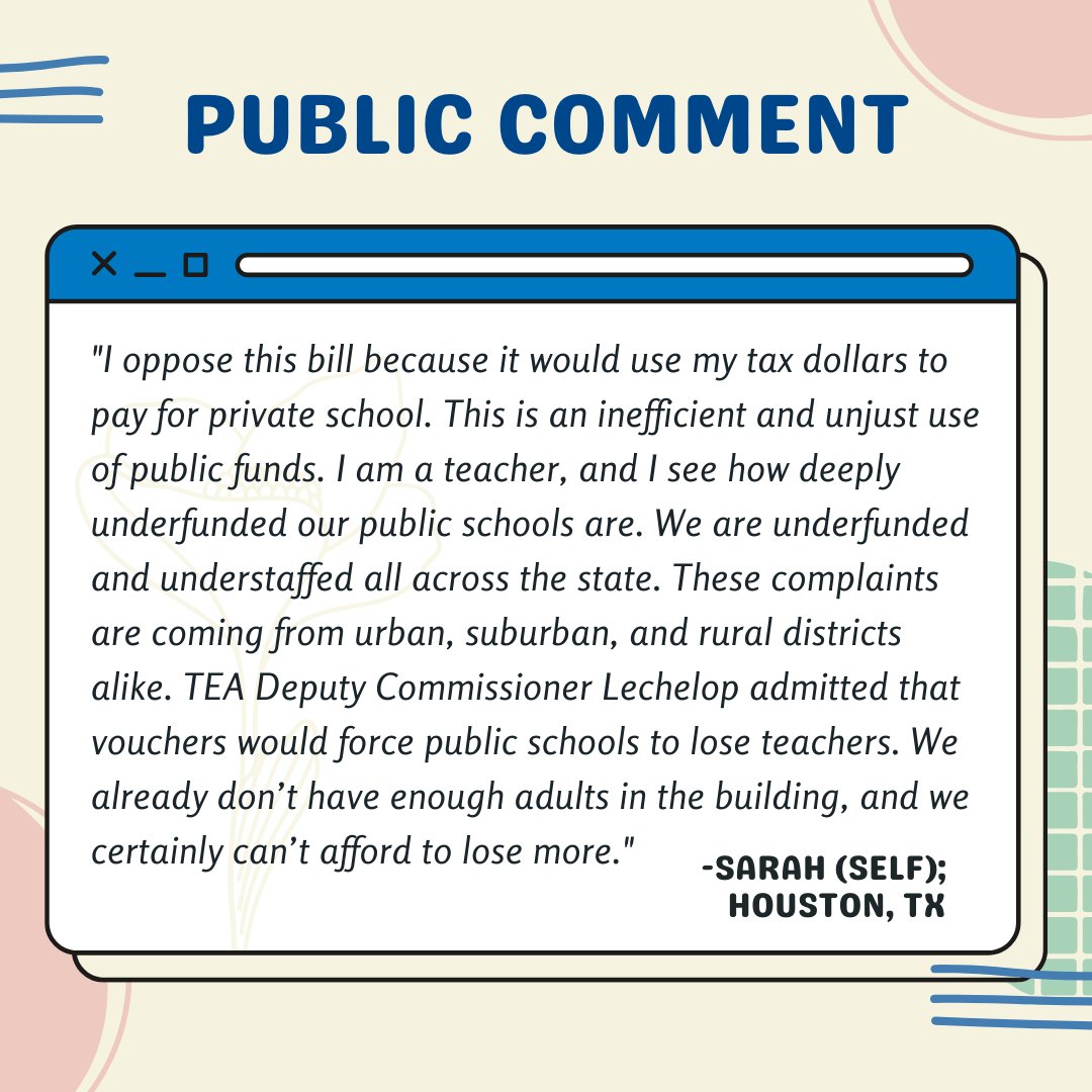 Teachers, parents, & Texans all across the state have stated that they do NOT want vouchers - not in SB 8, HB 100, or any form. We need to invest in #TxEd public schools, and not divert public money to vouchers that divide and discriminate.