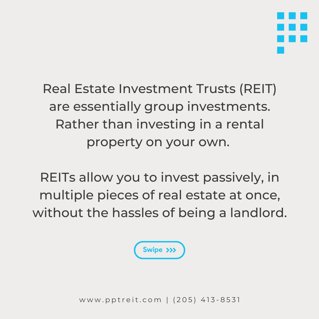 burkecox's tweet photo. What is a REIT? Real Estate Investment Trusts are essentially group investments. Rather than investing in a rental property on your own, REITs allow you to invest passively, in multiple pieces of real estate at once. #pptreit
Learn more at https://t.co/FaH0wLWjnz https://t.co/7SZASz1mTP