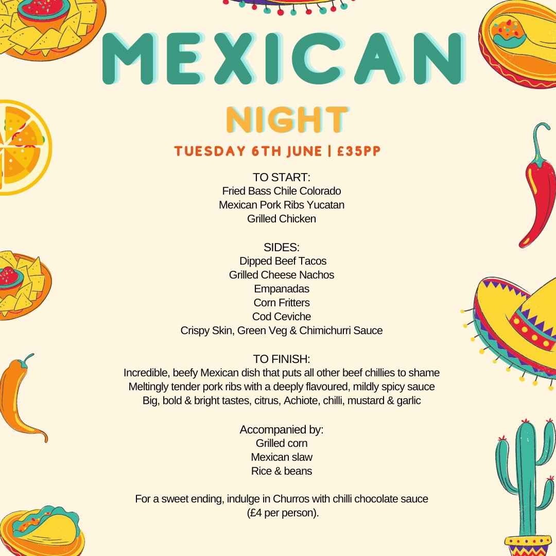 🌮🎉 Save the Date: Mexican Night on 6th June! 🎉🌮

Join us for a sensational Mexican Themed Night on 6th June! Prepare your taste buds for a fiesta of flavours that will transport you straight to Mexico. 🇲🇽✨