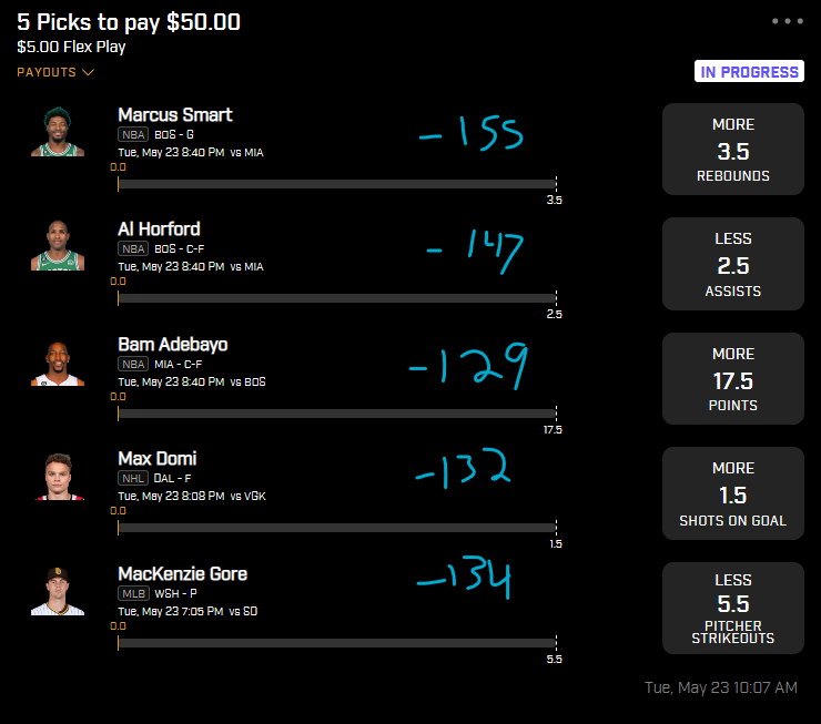 0tt022's tweet photo. 5-man PrizePicks slip.
All (horribly) written odds are from Pinnacle.
% leg Insured slips are implied -119 odds.
#sportsbettingtwitter #oddsjam #PropEdges #PrizePicks #MLB #NBAPlayoffs https://t.co/j463Qi54sA