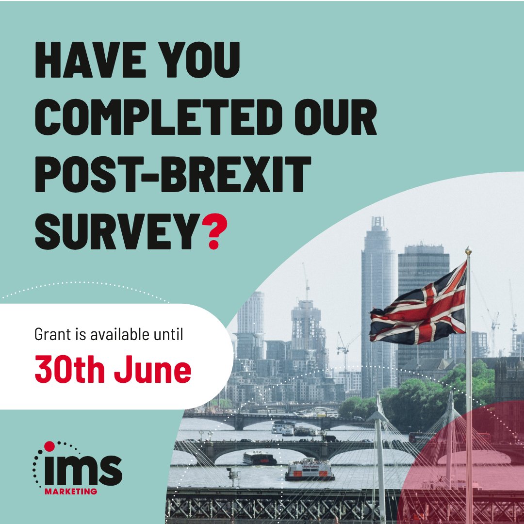 Application date extended for the Enterprise Ireland Post-Brexit Market Growth &amp; Diversification Grant to 30th June 2023.

Talk to IMS to see if you are eligible.  

Take our Brexit survey? 

bit.ly/3Nrrm1h

#brexit #postbrexitgrant